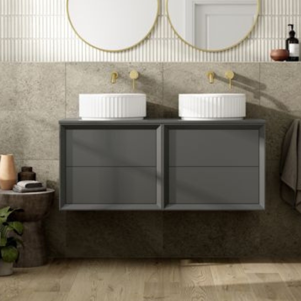 Apex Air Matt Clay Wall Hung 1200mm 4 Drawer Double Basin Countertop Vanity Unit Lifestyle 1